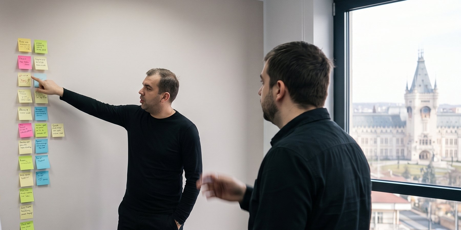 Ivan Makukhin at a wall of planning notes with two colleagues, Iași